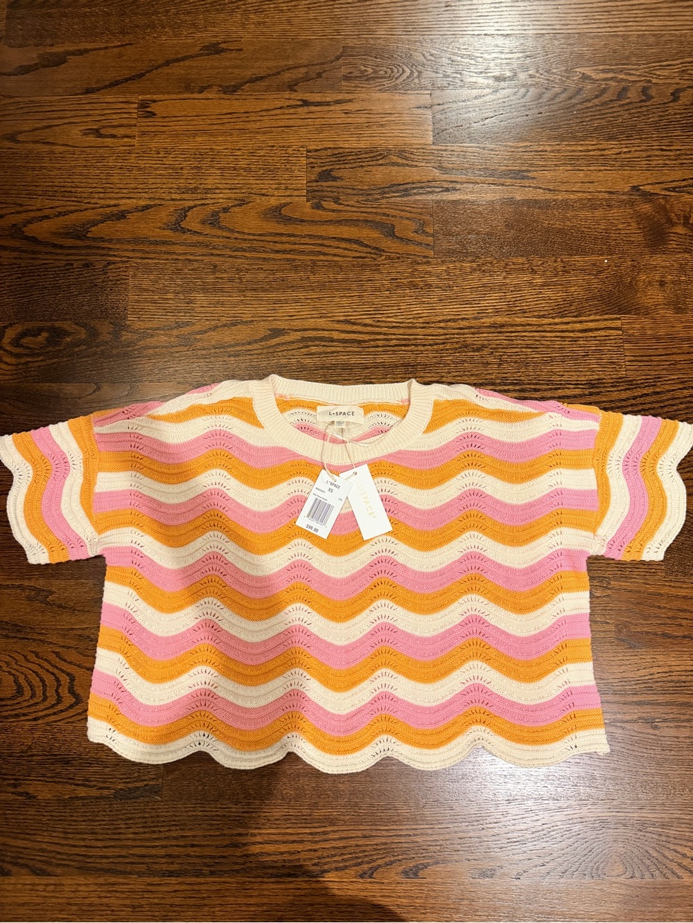 l*space Short Sleeve Wave-Stripe Knit Top in Pink, Orange, Cream
